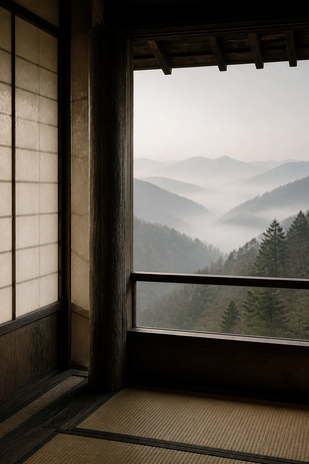 障子と畳の部屋から、霞に包まれた山並みを望む