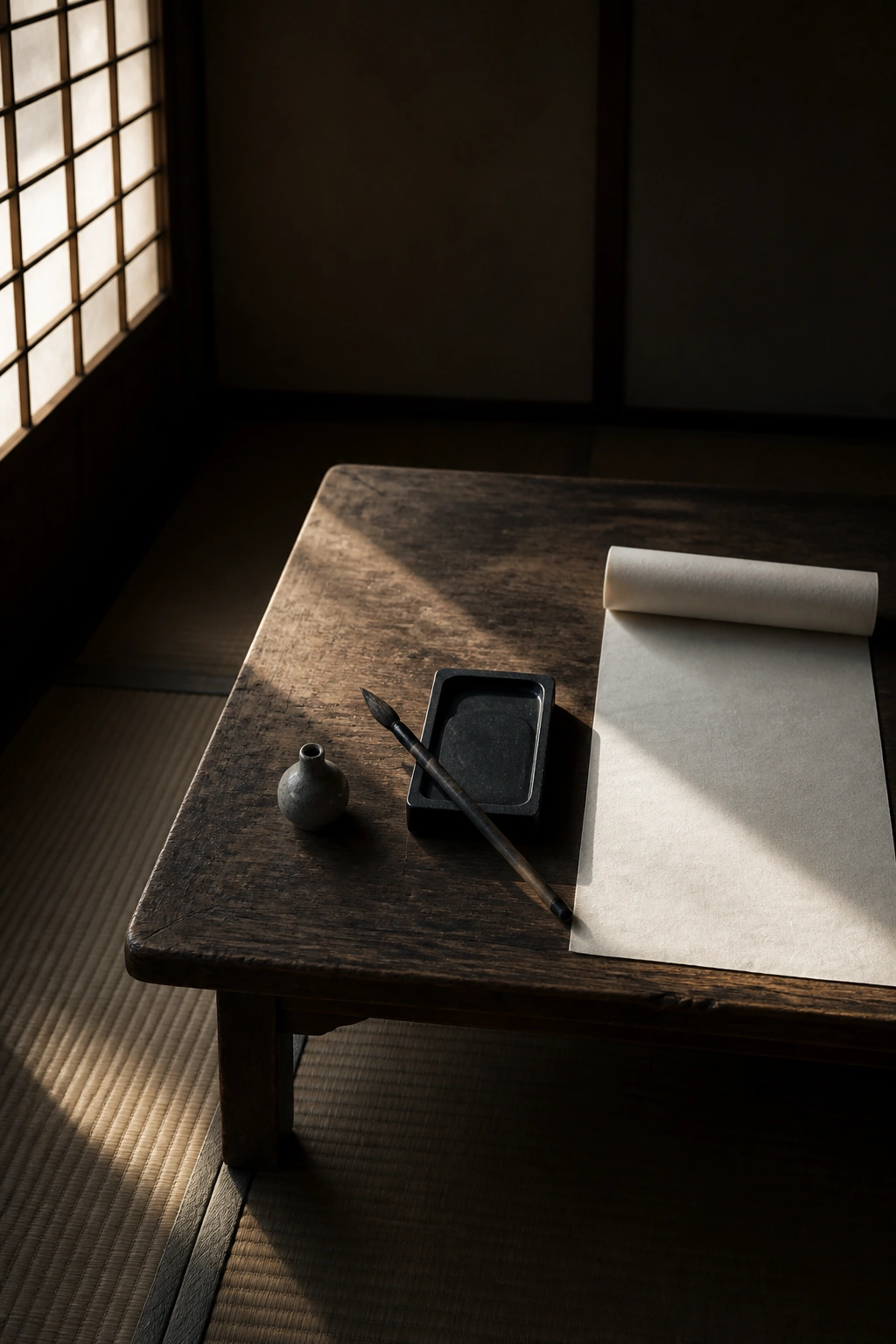 低い木の机に置いた硯と筆、巻いた紙