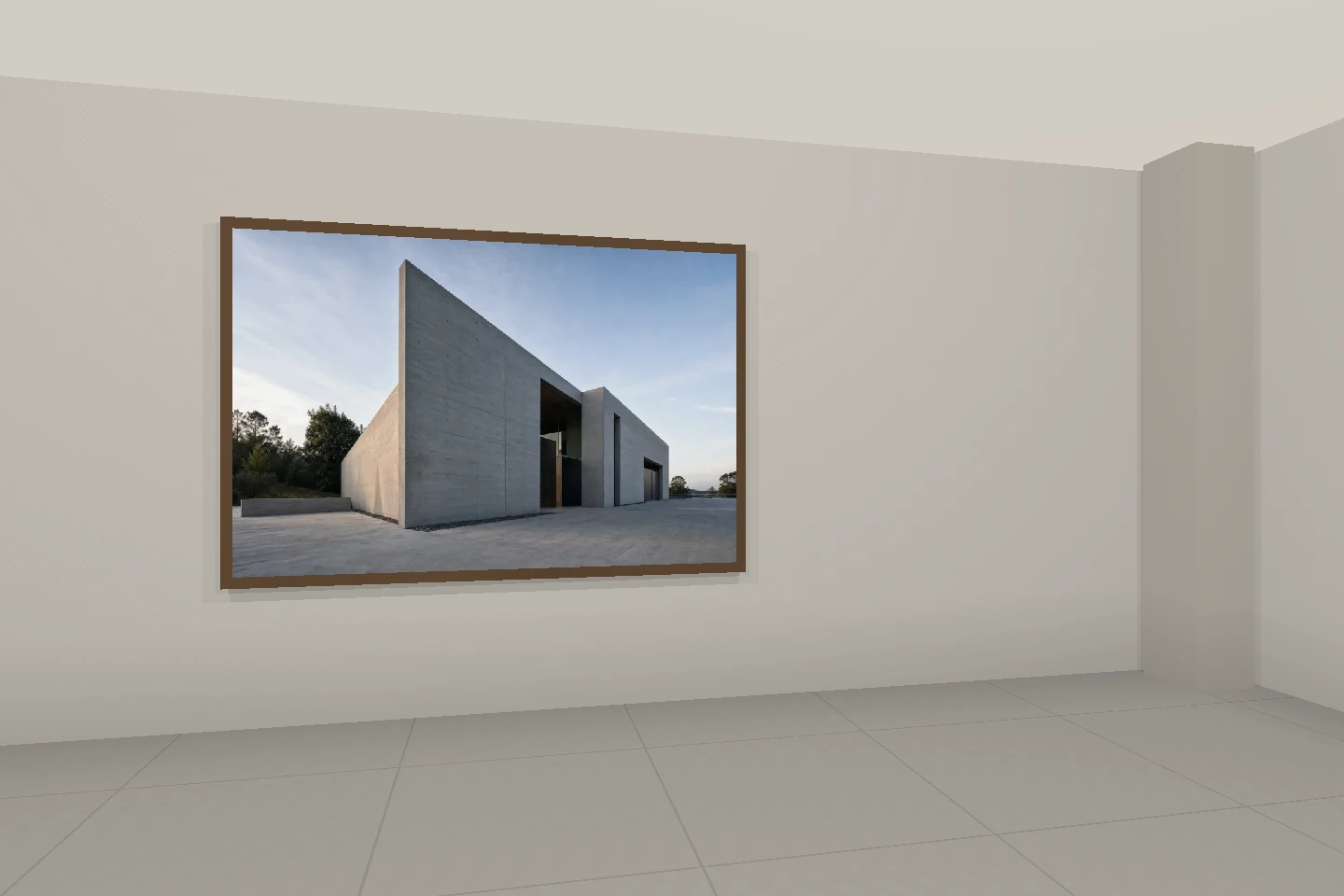 天窓のある展示室と、木の額に収めた建築作品。開始方向の静止参考図