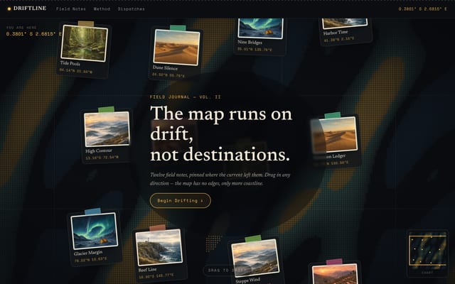 DRIFTLINE FIELD JOURNALの実サイトをスクロールした見本